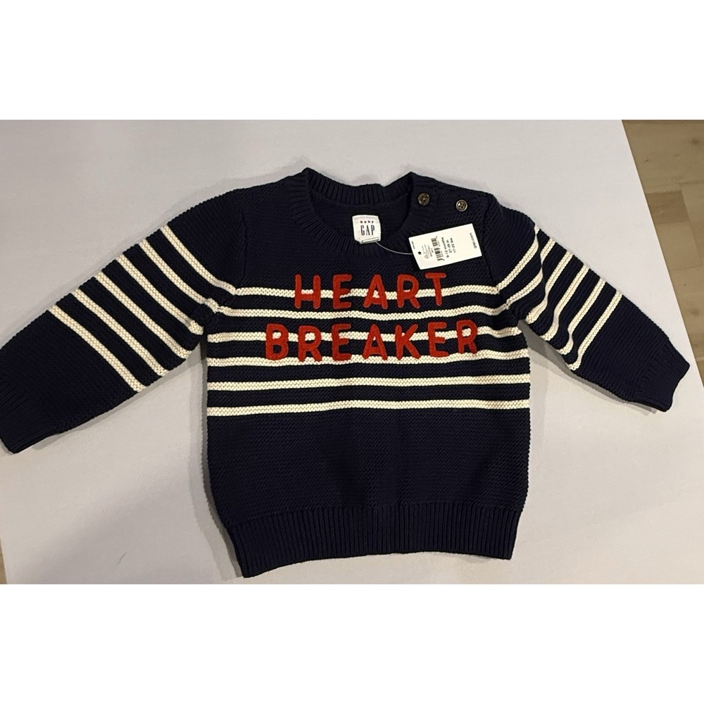 GAP Baby Boys 6-12M Heart Breaker Sweater – Navy Stripes, Valentine's Day NWT